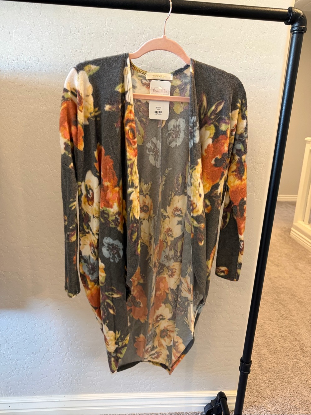 Charcoal Gray Floral Open Cardigan with Orange and Cream Blooms